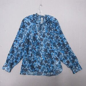 By Anthropologie Top Large Blue‎ Floral Ruffle Tie Neck Semi Sheer Peasant Boho